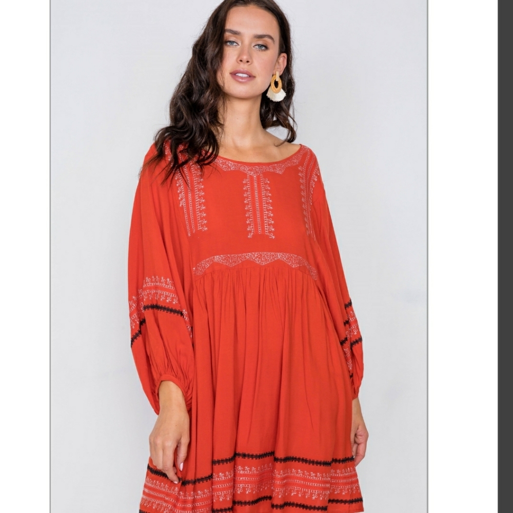 Dusty Red Embroidery Long Sleeve Boho Dress NWT